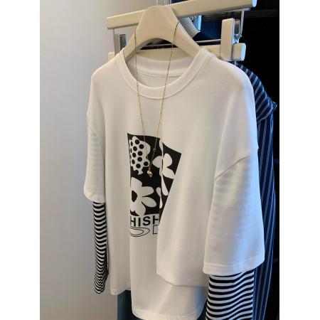 FA42811# 原版面料特大码300斤韩版百搭条纹假两件长袖T恤女韩系设计感上衣 服裝批發女裝批發服飾貨源