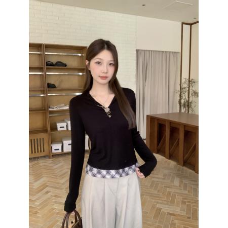 FA42823# 大码法式V领长袖T恤女秋冬高级修身显瘦假两件上衣 服裝批發女裝批發服飾貨源