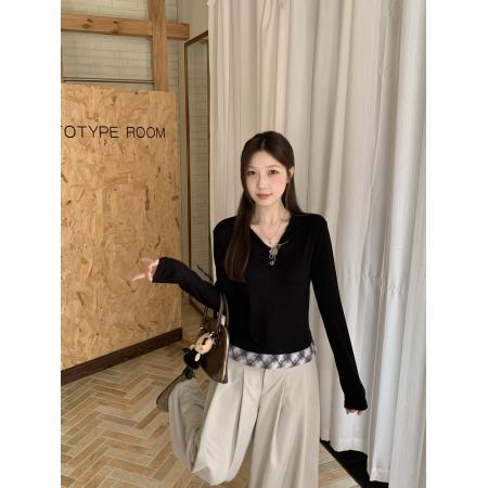 FA42823# 大码法式V领长袖T恤女秋冬高级修身显瘦假两件上衣 服裝批發女裝批發服飾貨源