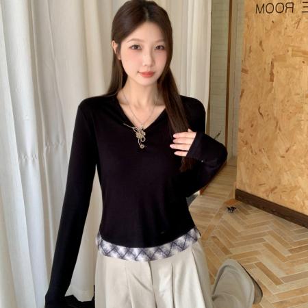 FA42823# 大码法式V领长袖T恤女秋冬高级修身显瘦假两件上衣 服裝批發女裝批發服飾貨源