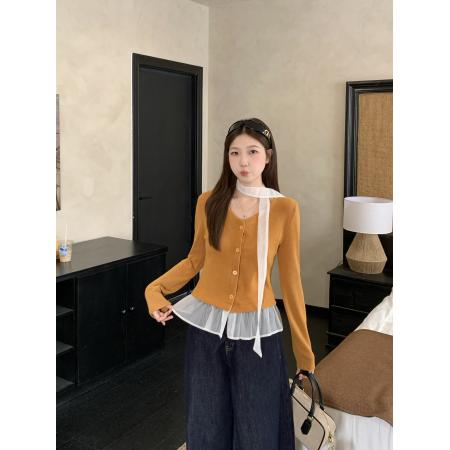 FA42824# 大码韩版拼接裙摆针织衫女开衫温柔风气质秋季修身上衣 服裝批發女裝批發服飾貨源