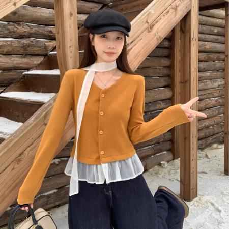 FA42824# 大码韩版拼接裙摆针织衫女开衫温柔风气质秋季修身上衣 服裝批發女裝批發服飾貨源