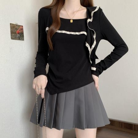 FA42827# 大码黑色方领长袖T恤女秋季新款设计感荷叶边不规则上衣 服裝批發女裝批發服飾貨源