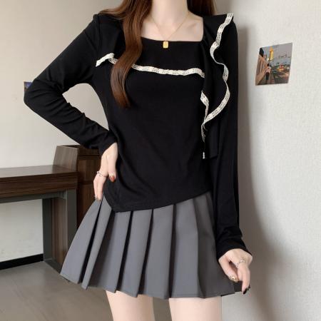 FA42827# 大码黑色方领长袖T恤女秋季新款设计感荷叶边不规则上衣 服裝批發女裝批發服飾貨源