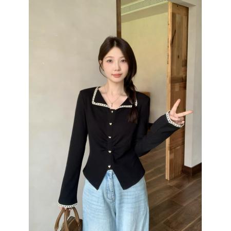 FA42830# 大码黑色翻领长袖T恤女秋冬V领褶皱显瘦打底上衣 服裝批發女裝批發服飾貨源