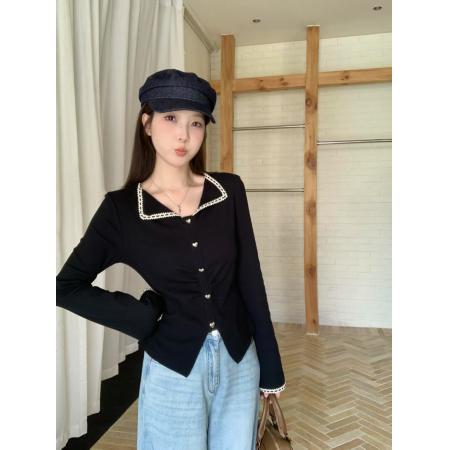FA42830# 大码黑色翻领长袖T恤女秋冬V领褶皱显瘦打底上衣 服裝批發女裝批發服飾貨源