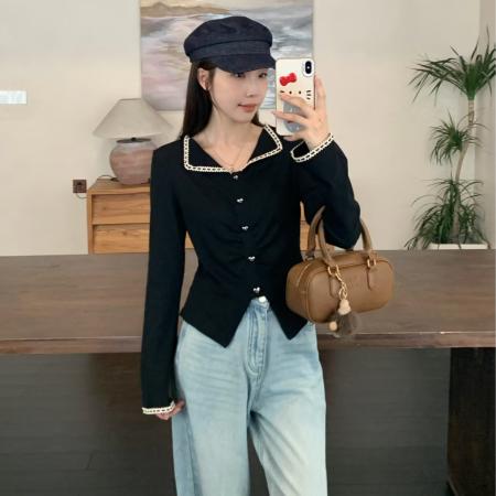 FA42830# 大码黑色翻领长袖T恤女秋冬V领褶皱显瘦打底上衣 服裝批發女裝批發服飾貨源