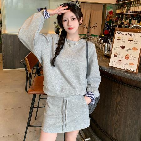 FA42831# 大码设计感格子拼接长袖卫衣女秋款高腰半身裙两件套 服裝批發女裝批發服飾貨源