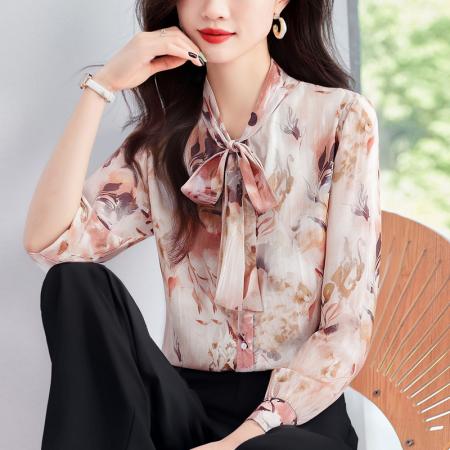 FA42844# 大码宽松休闲花色秋季女装系带蝴蝶结雪纺上衣开衫衬衫衬衣 服裝批發女裝批發服飾貨源