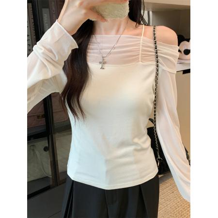 FA42846# 网纱拼接露肩辣妹风纯欲长袖上衣设计感小众t恤 服裝批發女裝批發服飾貨源