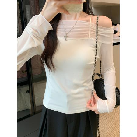 FA42846# 网纱拼接露肩辣妹风纯欲长袖上衣设计感小众t恤 服裝批發女裝批發服飾貨源