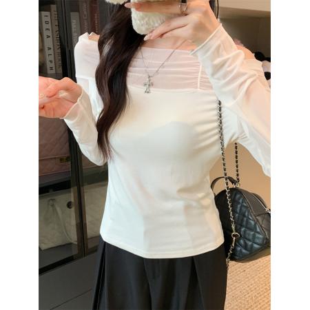 FA42846# 网纱拼接露肩辣妹风纯欲长袖上衣设计感小众t恤 服裝批發女裝批發服飾貨源