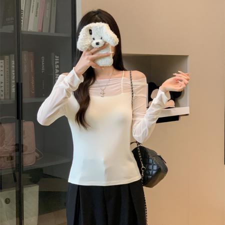 FA42846# 网纱拼接露肩辣妹风纯欲长袖上衣设计感小众t恤 服裝批發女裝批發服飾貨源