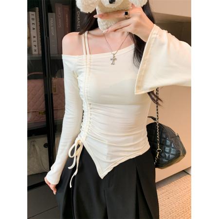 FA42847# 辣妹露肩短袖t恤设计感抽绳不规则上衣喇叭袖 服裝批發女裝批發服飾貨源