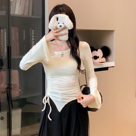 FA42847# 辣妹露肩短袖t恤设计感抽绳不规则上衣喇叭袖 服裝批發女裝批發服飾貨源