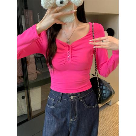 FA42848# 辣妹风纯欲短款方领上衣女短款修身t恤打底 服裝批發女裝批發服飾貨源