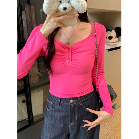 FA42848# 辣妹风纯欲短款方领上衣女短款修身t恤打底 服裝批發女裝批發服飾貨源