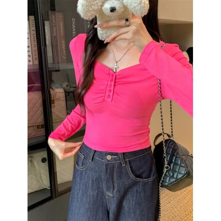 FA42848# 辣妹风纯欲短款方领上衣女短款修身t恤打底 服裝批發女裝批發服飾貨源