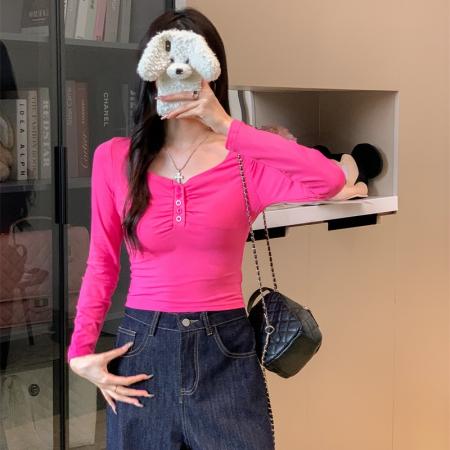 FA42848# 辣妹风纯欲短款方领上衣女短款修身t恤打底 服裝批發女裝批發服飾貨源