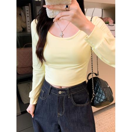 FA42850# 短款高腰辣妹风长袖上衣修身显瘦t恤 服裝批發女裝批發服飾貨源