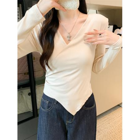 FA42851# V领设计感气质纯欲高腰长袖t恤秋季打底衫 服裝批發女裝批發服飾貨源