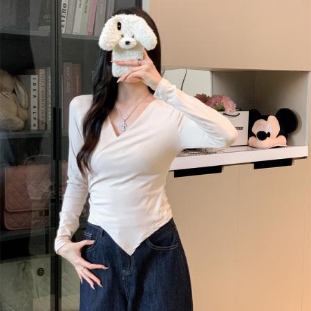 FA42851# V领设计感气质纯欲高腰长袖t恤秋季打底衫 服裝批發女裝批發服飾貨源