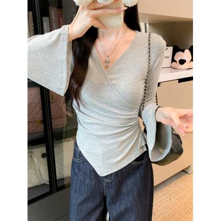 FA42852# v领短款显瘦长袖t恤性感辣妹打底衫收腰修身 服裝批發女裝批發服飾貨源