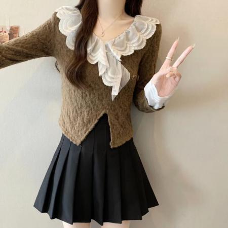 FA42858# 法式V领别致荷叶边娃娃领拼色蕾丝加厚百搭长袖内搭上衣 服裝批發女裝批發服飾貨源