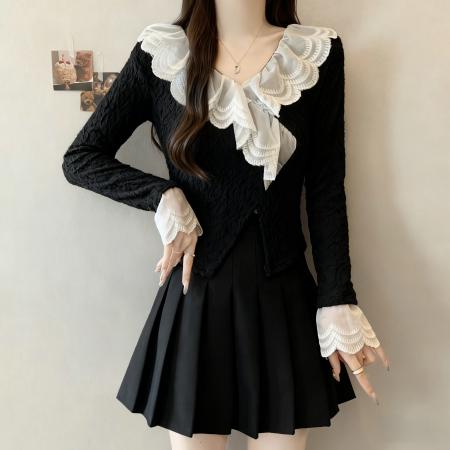 FA42858# 法式V领别致荷叶边娃娃领拼色蕾丝加厚百搭长袖内搭上衣 服裝批發女裝批發服飾貨源