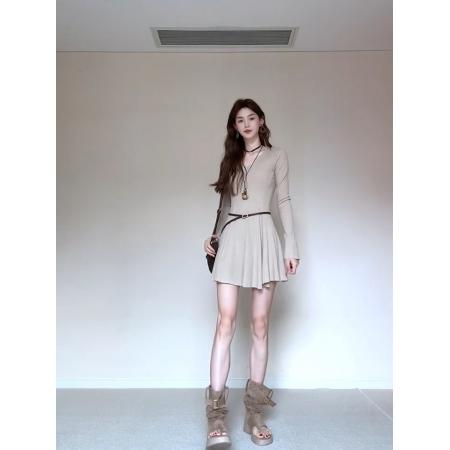 FA42859# 法式赫本风V领针织连衣裙女秋冬新款气质收腰修身显瘦裙 服裝批發女裝批發服飾貨源