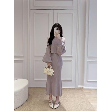 FA42860# 气质纯欲樱花妹修身罗纹4way针织连衣裙两件套 服裝批發女裝批發服飾貨源