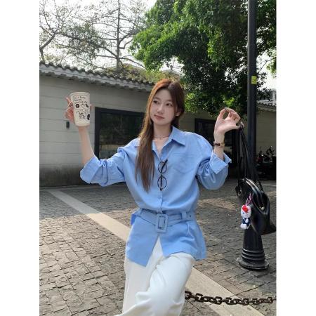 法式气质长袖POLO领白色衬衫女装秋季收腰显瘦中长款蓝色开衫上衣 服裝批發女裝批發服飾貨源