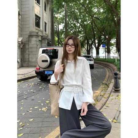 法式气质长袖POLO领白色衬衫女装秋季收腰显瘦中长款蓝色开衫上衣 服裝批發女裝批發服飾貨源