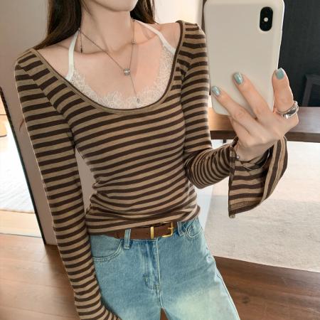 图设计感蕾丝边挂脖条纹长袖T恤女秋新款高级不撞衫上衣 服裝批發女裝批發服飾貨源