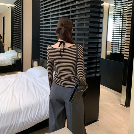 图设计感蕾丝边挂脖条纹长袖T恤女秋新款高级不撞衫上衣 服裝批發女裝批發服飾貨源