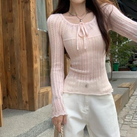 图粉色镂空系带长袖羊毛针织衫女新款独特质感初秋上衣 服裝批發女裝批發服飾貨源