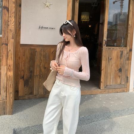 图粉色镂空系带长袖羊毛针织衫女新款独特质感初秋上衣 服裝批發女裝批發服飾貨源