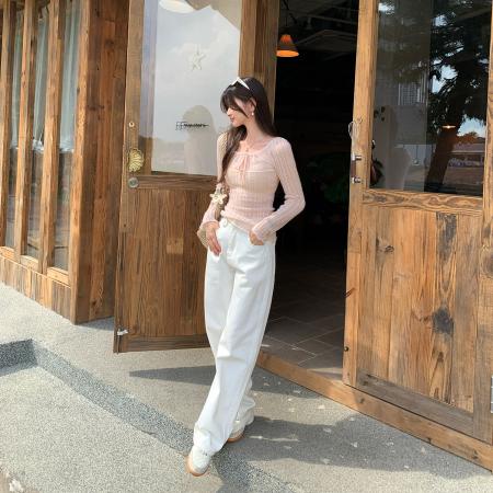 图粉色镂空系带长袖羊毛针织衫女新款独特质感初秋上衣 服裝批發女裝批發服飾貨源