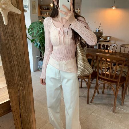 图粉色镂空系带长袖羊毛针织衫女新款独特质感初秋上衣 服裝批發女裝批發服飾貨源