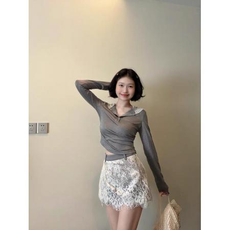 气质高智感穿搭一整套女秋季灰色连帽长袖上衣高腰蕾丝半身裙套装 服裝批發女裝批發服飾貨源
