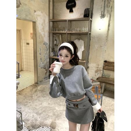 时尚新款圆领拼接袖上衣女+半裙两件套 服裝批發女裝批發服飾貨源