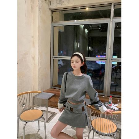 时尚新款圆领拼接袖上衣女+半裙两件套 服裝批發女裝批發服飾貨源