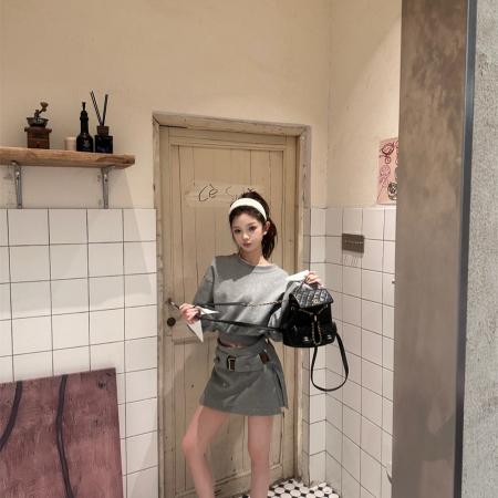 时尚新款圆领拼接袖上衣女+半裙两件套 服裝批發女裝批發服飾貨源