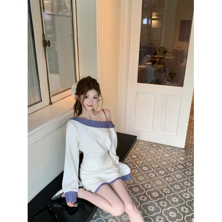韩系休闲卫衣套装女秋季纯欲风辣妹斜肩收腰长袖上衣白色半裙 服裝批發女裝批發服飾貨源