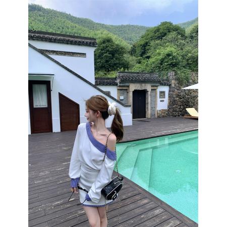 韩系休闲卫衣套装女秋季纯欲风辣妹斜肩收腰长袖上衣白色半裙 服裝批發女裝批發服飾貨源