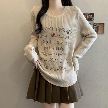 胖mm秋冬新款U领字母印花针织打底衫女韩系彩扣长袖内搭毛衣 服裝批發女裝批發服飾貨源