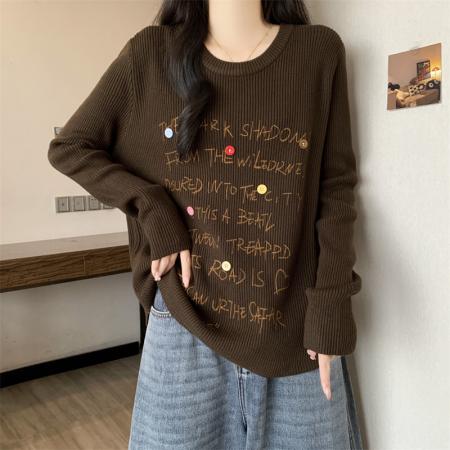胖mm秋冬新款U领字母印花针织打底衫女韩系彩扣长袖内搭毛衣 服裝批發女裝批發服飾貨源
