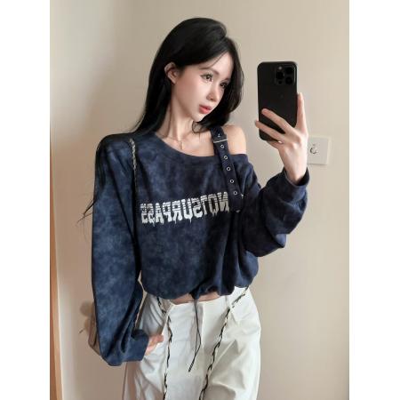 露肩长袖卫衣抽绳松紧收腰设计感小众宽松短款上衣外套 服裝批發女裝批發服飾貨源