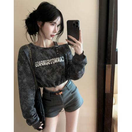 露肩长袖卫衣抽绳松紧收腰设计感小众宽松短款上衣外套 服裝批發女裝批發服飾貨源