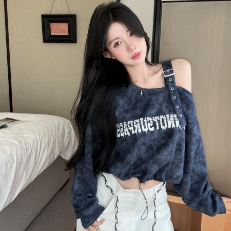 露肩长袖卫衣抽绳松紧收腰设计感小众宽松短款上衣外套 服裝批發女裝批發服飾貨源